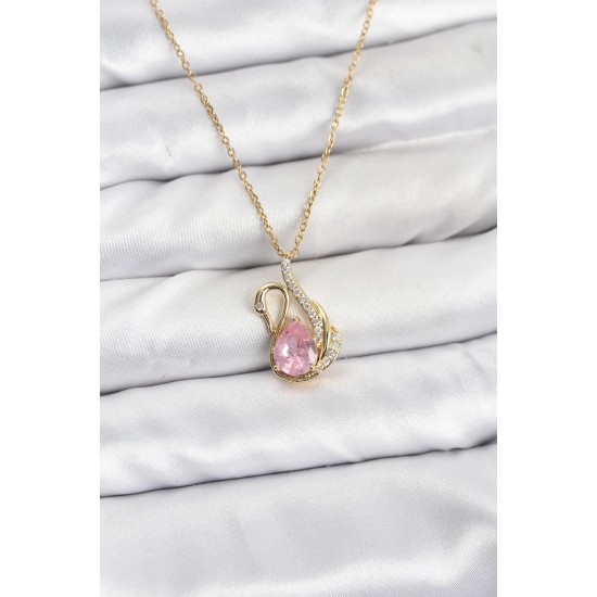 316L Çelik Zincir Gold Renk Pembe Kuğu Model Zirkon Taşlı Kadın Kolye - TJ-BKO10867