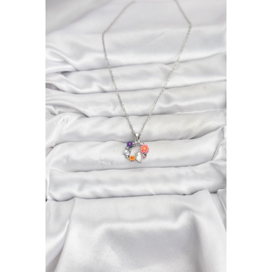 316L Çelik Zincir Gümüş Renk Çiçekli Kedili Model Kadın Kolye - TJ-BKO10870