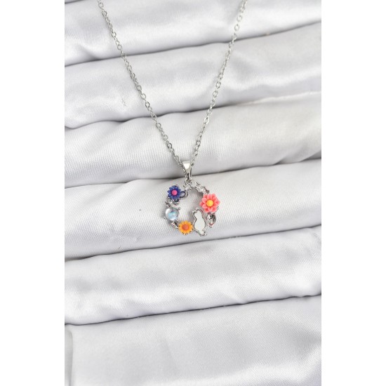 316L Çelik Zincir Gümüş Renk Çiçekli Kedili Model Kadın Kolye - TJ-BKO10870