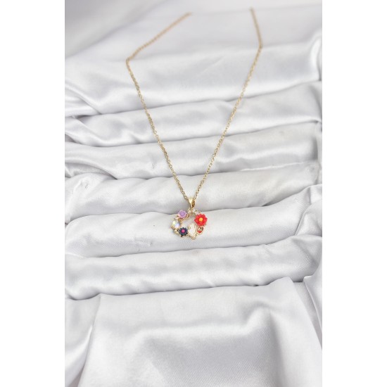 316L Çelik Zincir Gold Renk Çiçekli Kedili Model Kadın Kolye - TJ-BKO10871