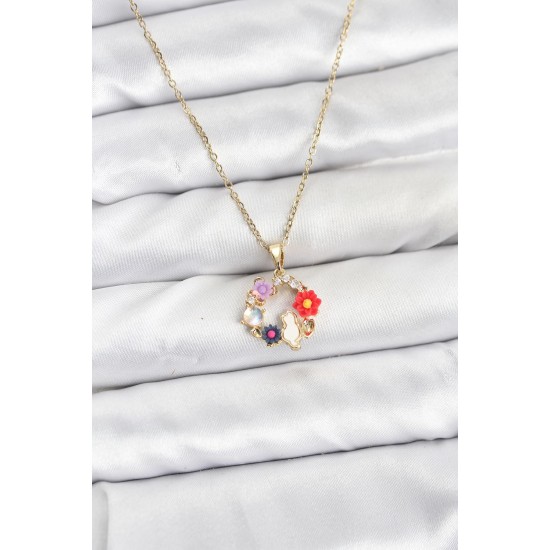 316L Çelik Zincir Gold Renk Çiçekli Kedili Model Kadın Kolye - TJ-BKO10871