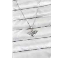 316L Çelik Zincir Gümüş Renk Sinek Model Zirkon Taşlı Kadın Kolye - TJ-BKO10874