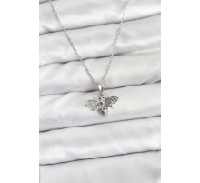 316L Çelik Zincir Gümüş Renk Sinek Model Zirkon Taşlı Kadın Kolye - TJ-BKO10874