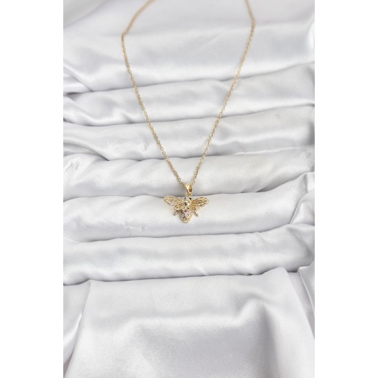 316L Çelik Zincir Gold Renk Sinek Model Zirkon Taşlı Kadın Kolye - TJ-BKO10875