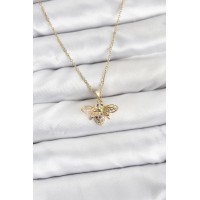 316L Çelik Zincir Gold Renk Sinek Model Zirkon Taşlı Kadın Kolye - TJ-BKO10875