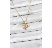 316L Çelik Zincir Gold Renk Sinek Model Zirkon Taşlı Kadın Kolye - TJ-BKO10875