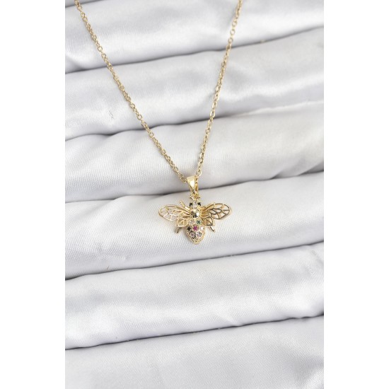 316L Çelik Zincir Gold Renk Sinek Model Zirkon Taşlı Kadın Kolye - TJ-BKO10875