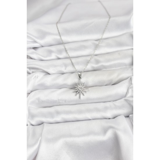 316L Çelik Zincir Gümüş Renk Kutup Yıldızı Model Zirkon Taşlı Kadın Kolye - TJ-BKO10876