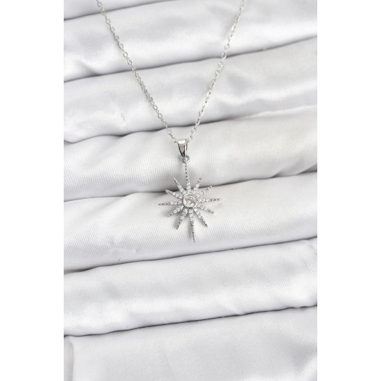 316L Çelik Zincir Gümüş Renk Kutup Yıldızı Model Zirkon Taşlı Kadın Kolye - TJ-BKO10876