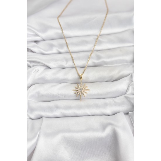 316L Çelik Zincir Gold Renk Kutup Yıldızı Model Zirkon Taşlı Kadın Kolye - TJ-BKO10877