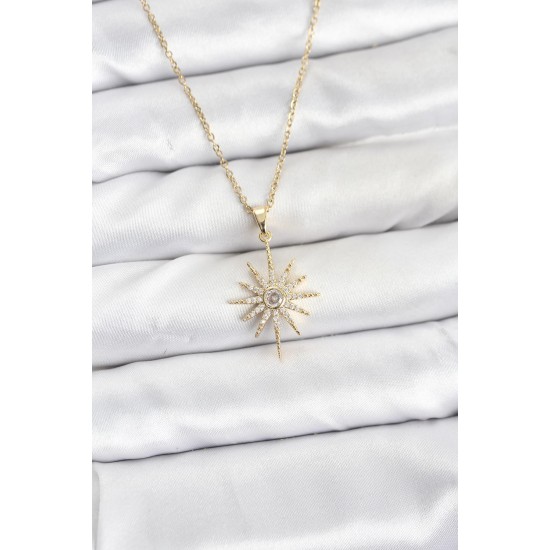 316L Çelik Zincir Gold Renk Kutup Yıldızı Model Zirkon Taşlı Kadın Kolye - TJ-BKO10877