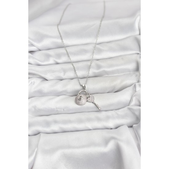 316L Çelik Zincir Gümüş Renk Kilit Anahtar Model Zirkon Taşlı Kadın Kolye - TJ-BKO10880