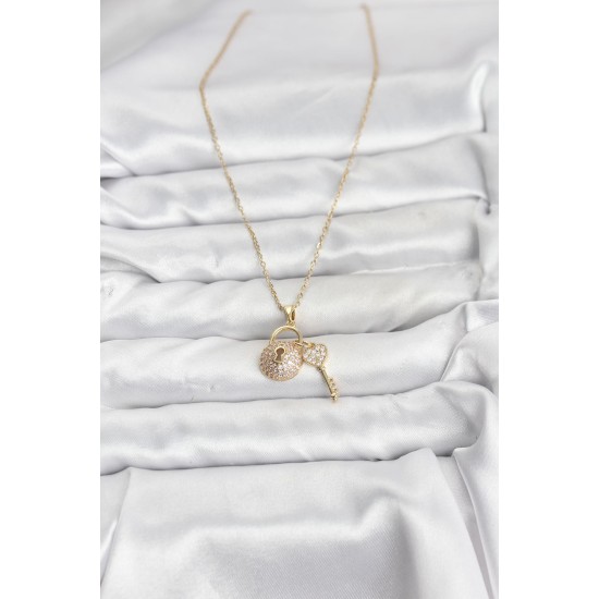 316L Çelik Zincir Gold Renk Kilit Anahtar Model Zirkon Taşlı Kadın Kolye - TJ-BKO10881