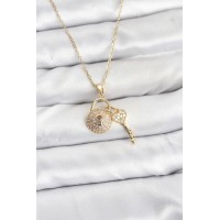 316L Çelik Zincir Gold Renk Kilit Anahtar Model Zirkon Taşlı Kadın Kolye TJ-BKO10881