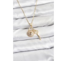 316L Çelik Zincir Gold Renk Kilit Anahtar Model Zirkon Taşlı Kadın Kolye - TJ-BKO10881