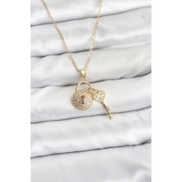 316L Çelik Zincir Gold Renk Kilit Anahtar Model Zirkon Taşlı Kadın Kolye TJ-BKO10881