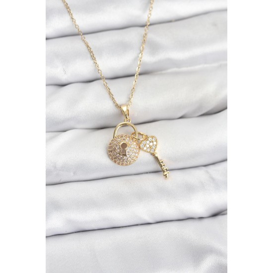 316L Çelik Zincir Gold Renk Kilit Anahtar Model Zirkon Taşlı Kadın Kolye - TJ-BKO10881