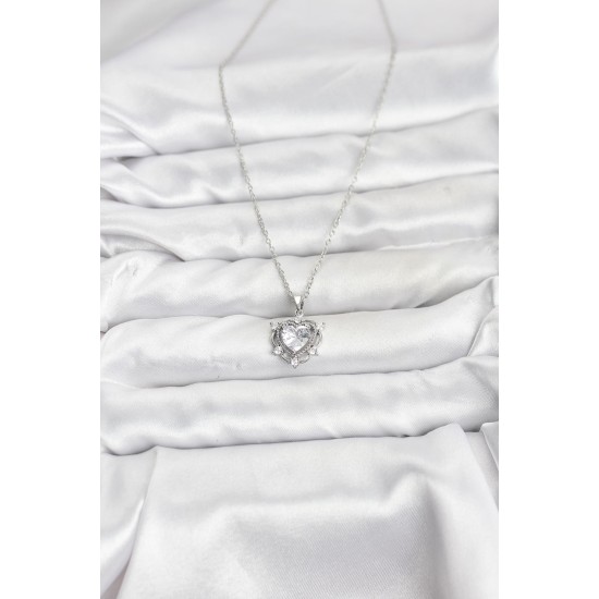 316L Çelik Zincir Gümüş Renk Kalp Model Zirkon Taşlı Kadın Kolye - TJ-BKO10882
