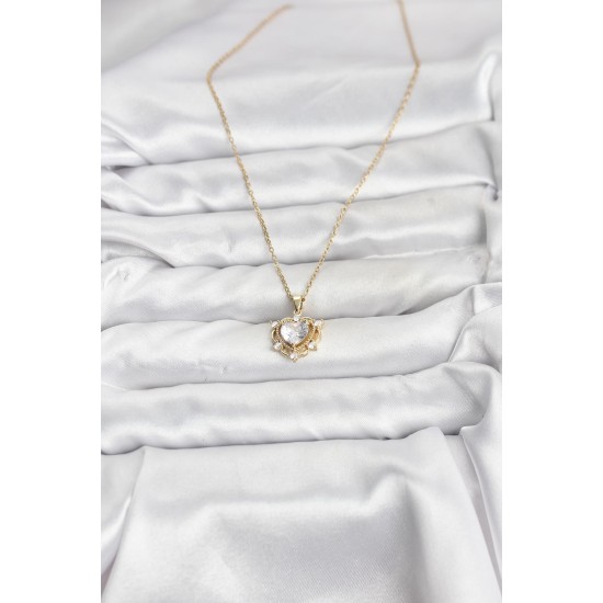 316L Çelik Zincir Gold Renk Kalp Model Zirkon Taşlı Kadın Kolye - TJ-BKO10883