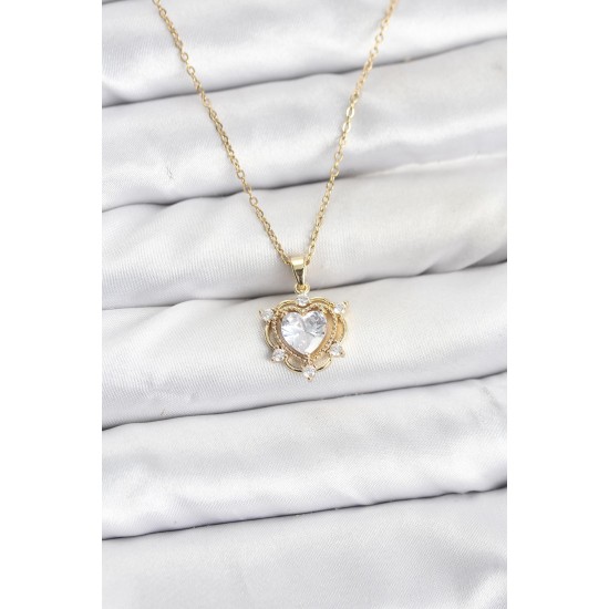 316L Çelik Zincir Gold Renk Kalp Model Zirkon Taşlı Kadın Kolye - TJ-BKO10883