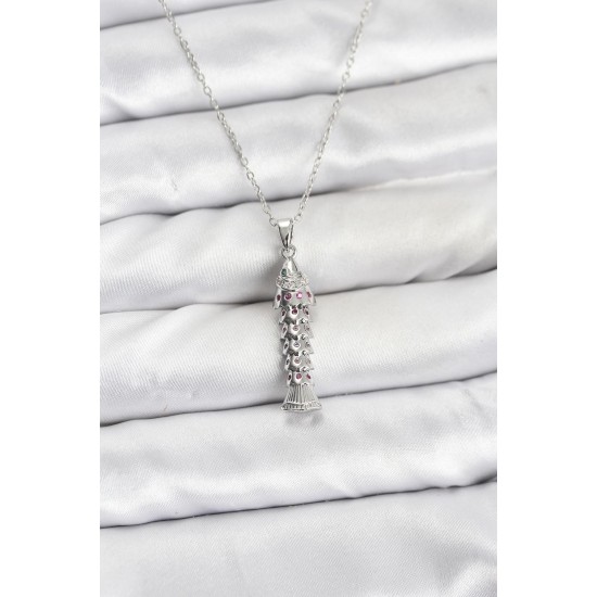 316L Çelik Zincir Gümüş Renk Balık Model Zirkon Taşlı Kadın Kolye - TJ-BKO10884
