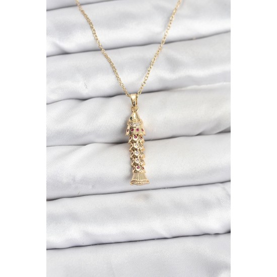 316L Çelik Zincir Gold Renk Balık Model Zirkon Taşlı Kadın Kolye - TJ-BKO10885