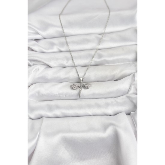 316L Çelik Zincir Gümüş Renk Yusufçuk Model Zirkon Taşlı Kadın Kolye - TJ-BKO10886