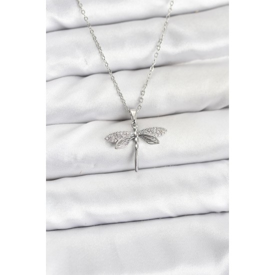 316L Çelik Zincir Gümüş Renk Yusufçuk Model Zirkon Taşlı Kadın Kolye - TJ-BKO10886