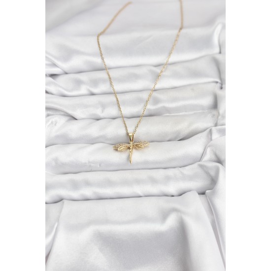 316L Çelik Zincir Gold Renk Yusufçuk Model Zirkon Taşlı Kadın Kolye - TJ-BKO10887