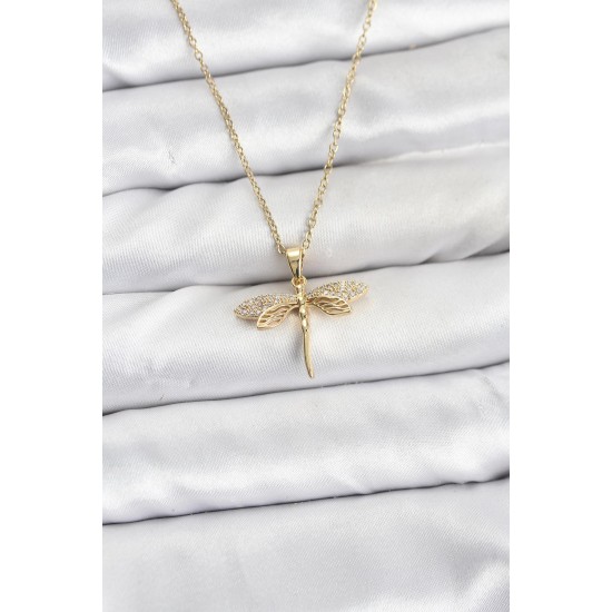 316L Çelik Zincir Gold Renk Yusufçuk Model Zirkon Taşlı Kadın Kolye - TJ-BKO10887