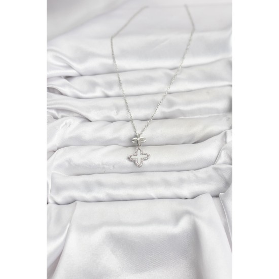 316L Çelik Zincir Gümüş Renk 4 Yapraklı Yonca Model Zirkon Taşlı Kadın Kolye - TJ-BKO10888