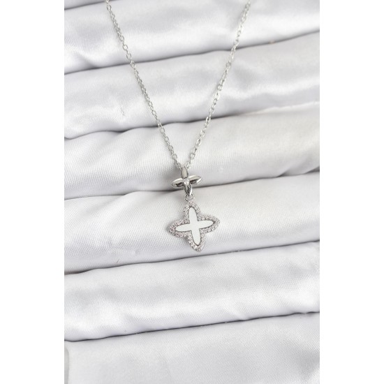 316L Çelik Zincir Gümüş Renk 4 Yapraklı Yonca Model Zirkon Taşlı Kadın Kolye - TJ-BKO10888