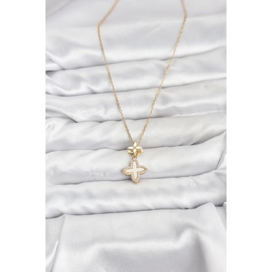 316L Çelik Zincir Gold Renk 4 Yapraklı Yonca Model Zirkon Taşlı Kadın Kolye - TJ-BKO10889