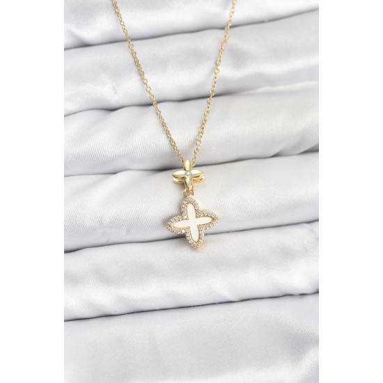 316L Çelik Zincir Gold Renk 4 Yapraklı Yonca Model Zirkon Taşlı Kadın Kolye - TJ-BKO10889