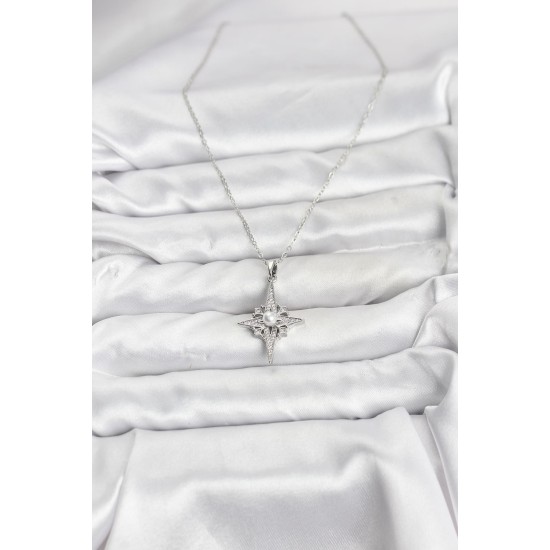 316L Çelik Zincir Gümüş Renk Kutup Yıldızı Model Zirkon Taşlı Kadın Kolye - TJ-BKO10892