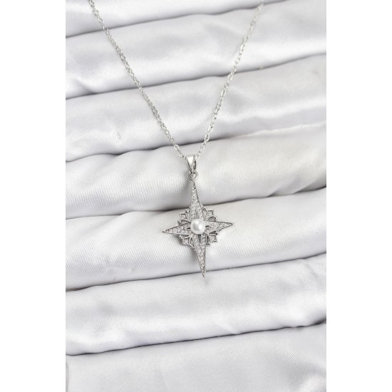 316L Çelik Zincir Gümüş Renk Kutup Yıldızı Model Zirkon Taşlı Kadın Kolye - TJ-BKO10892