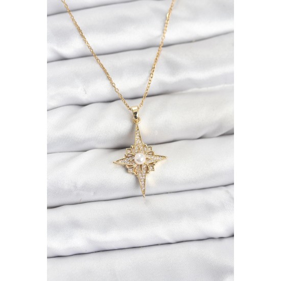 316L Çelik Zincir Gold Renk Kutup Yıldızı Model Zirkon Taşlı Kadın Kolye - TJ-BKO10893