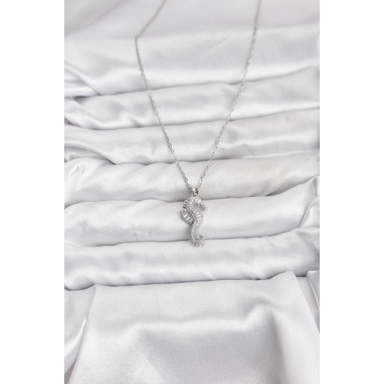 316L Çelik Zincir Gümüş Renk Deniz Atı Model Zirkon Taşlı Kadın Kolye - TJ-BKO10894