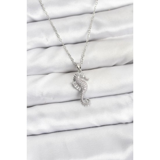 316L Çelik Zincir Gümüş Renk Deniz Atı Model Zirkon Taşlı Kadın Kolye - TJ-BKO10894