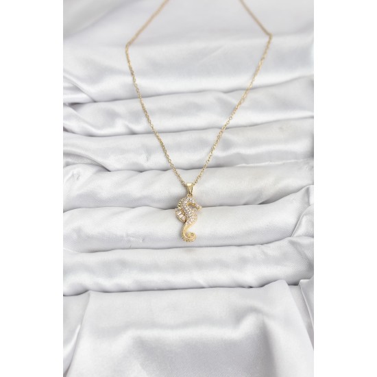 316L Çelik Zincir Gold Renk Deniz Atı Model Zirkon Taşlı Kadın Kolye - TJ-BKO10895