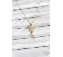 316L Çelik Zincir Gold Renk Deniz Atı Model Zirkon Taşlı Kadın Kolye - TJ-BKO10895