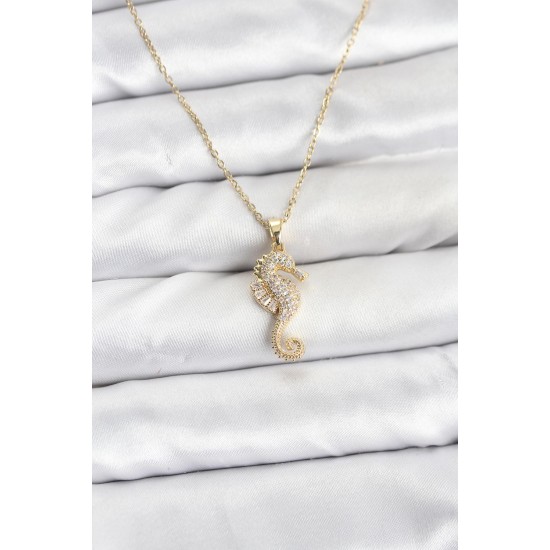 316L Çelik Zincir Gold Renk Deniz Atı Model Zirkon Taşlı Kadın Kolye - TJ-BKO10895