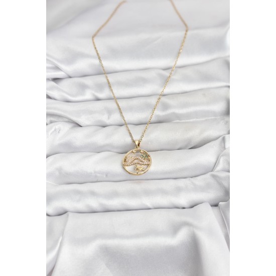 316L Çelik Zincir Gold Renk Şans Kolyesi Model Zirkon Taşlı Kadın Kolye - TJ-BKO10899