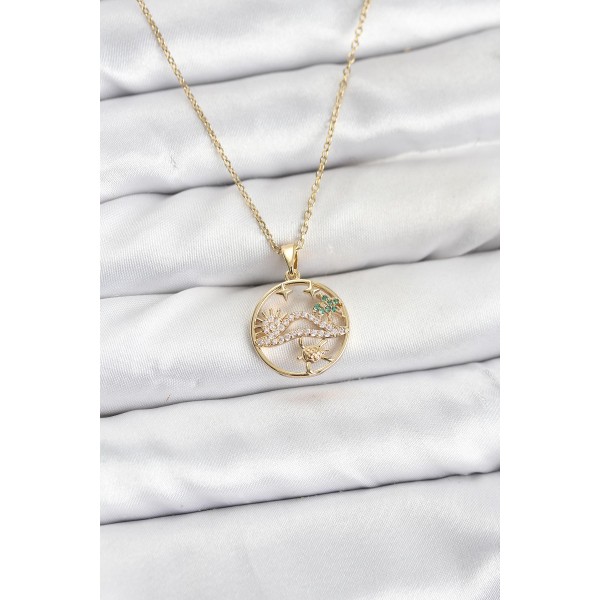 316L Çelik Zincir Gold Renk Şans Kolyesi Model Zirkon Taşlı Kadın Kolye - TJ-BKO10899