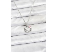 316L Çelik Zincir Gümüş Renk Pembe Taş Detaylı Çelenk Model Kadın Kolye - TJ-BKO10902