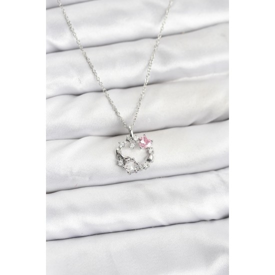 316L Çelik Zincir Gümüş Renk Pembe Taş Detaylı Çelenk Model Kadın Kolye - TJ-BKO10902