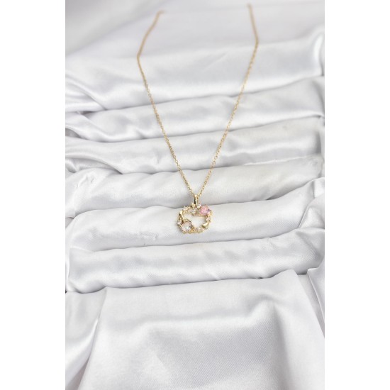 316L Çelik Zincir Gold Renk Pembe Taş Detaylı Çelenk Model Kadın Kolye - TJ-BKO10903