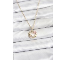 316L Çelik Zincir Gold Renk Pembe Taş Detaylı Çelenk Model Kadın Kolye - TJ-BKO10903