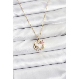 316L Çelik Zincir Gold Renk Pembe Taş Detaylı Çelenk Model Kadın Kolye TJ-BKO10903