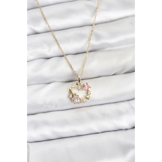 316L Çelik Zincir Gold Renk Pembe Taş Detaylı Çelenk Model Kadın Kolye - TJ-BKO10903